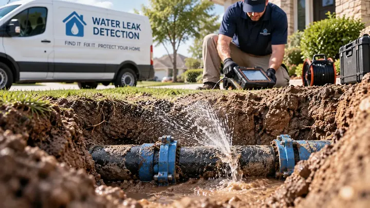Leak detection technician with listening equipment