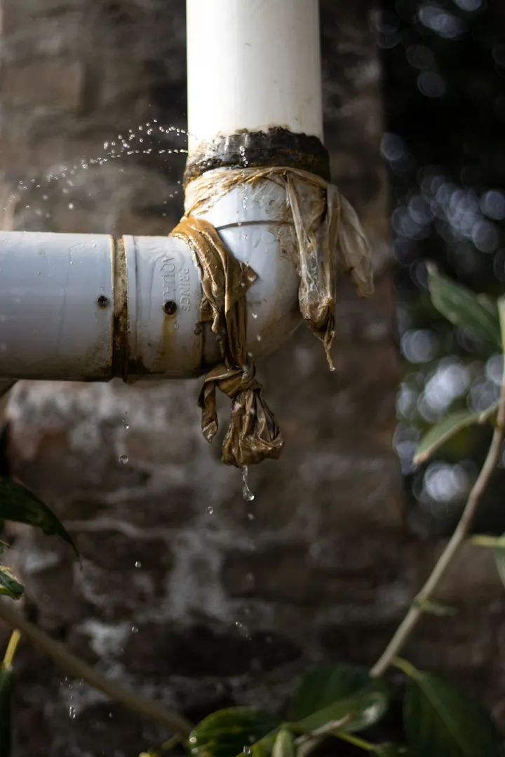 Water dripping from a leaking plastic pipe outdoors