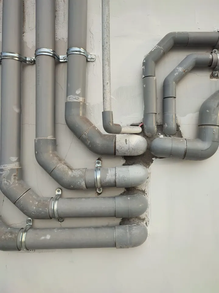 Metal water pipes running along an exterior wall