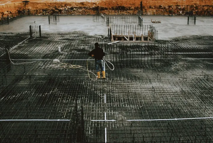 Reinforced concrete foundation on a building site