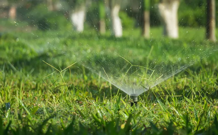 Sprinkler system watering a grass field